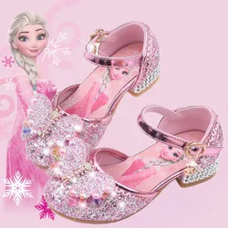 Buty Disney New Elsa dla dziewczynek kreskówka skórzane buty na wysokim obcasie dla dzieci Frozen Princess Kids buciki sandały sukienka królowa śniegu