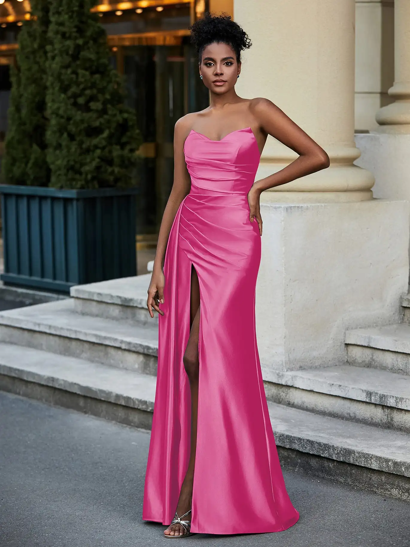 Sweetheart Stretch Satin Sweep Train Prom Dress Dusty BlBackless Cocktail Wedding Guest Long Foraml Evening Gowns with Slit 2024