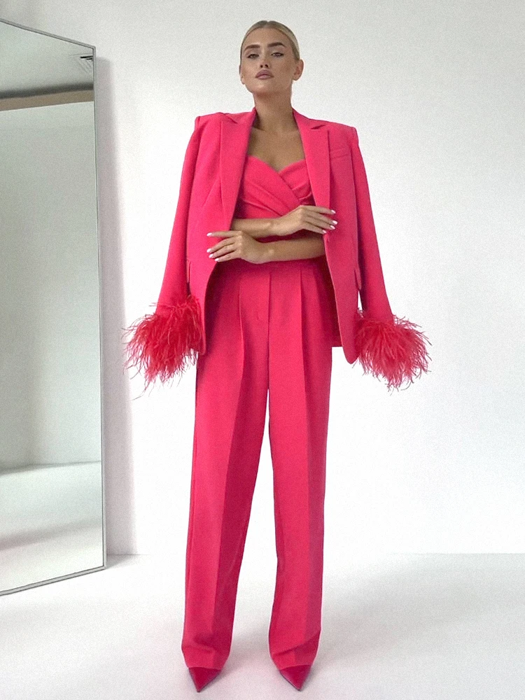 VC Sets For Women 2 Pieces Loose Office Outfit Hot Pink Feather Long Sleeve Blazer+ Trousers Suit Female Clothing