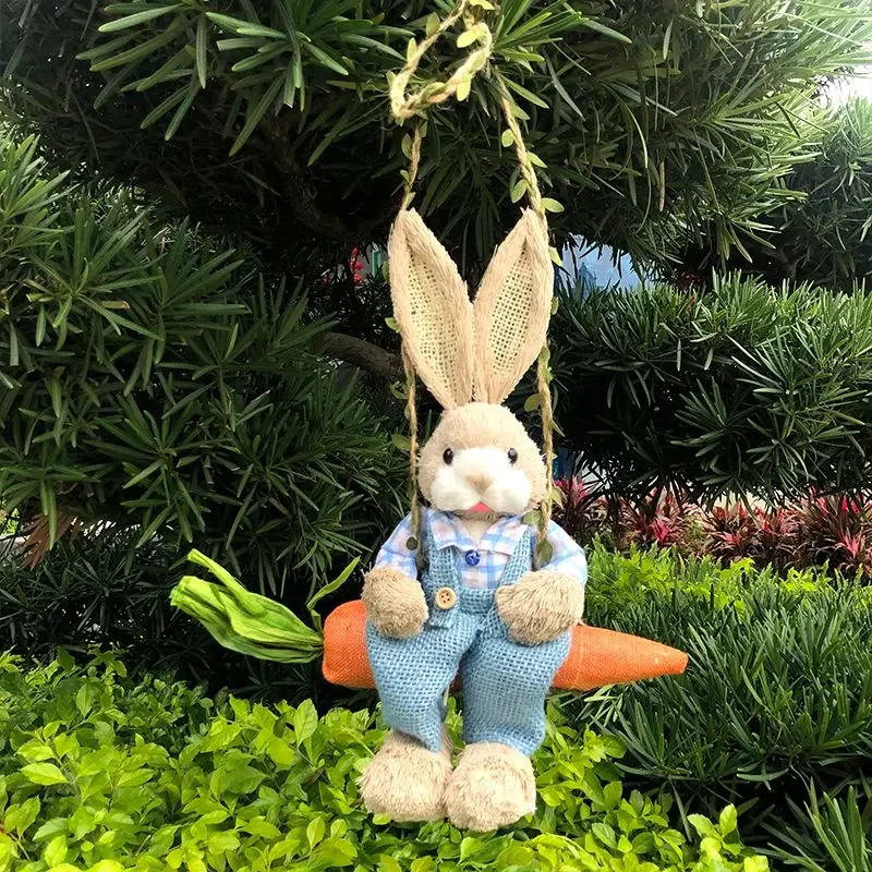 30*55cm Natural Grass Weave Rabbit Ornament Rabbit Figurine Swing Rabbit Handmade Woven Bunny Home Decor Party Door Supply