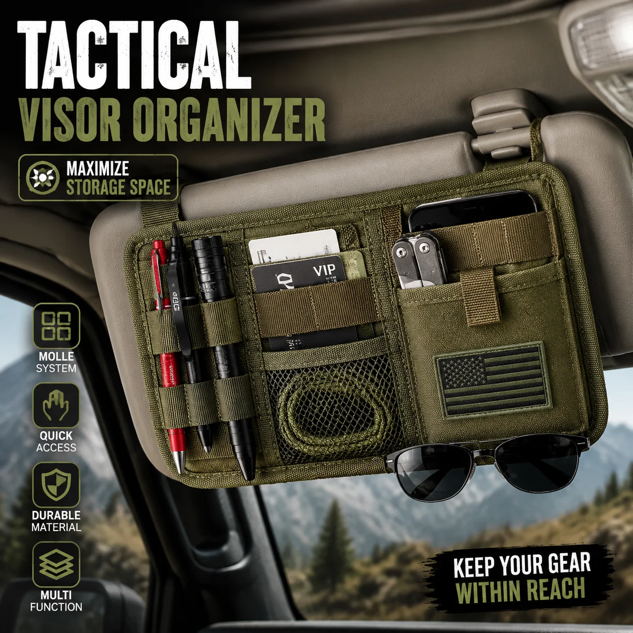 Tactical Car Sun Visor Organizer MOLLE Storage Bag, Vehicle EDC Gear Holder, Multi Pocket Utility Pouch For SUV Truck Outdoor Ac