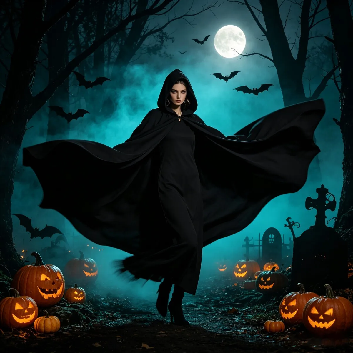 Gothic Black Vampire Witch Long Hooded Cloak for Aldult Halloween Dramatic Cos Funny Cape