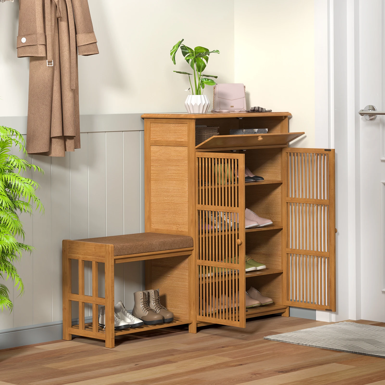 

Simple shoe cabinet for home use, with a large storage capacity at the doorstep and a shoe changing stool. Nordic shoe rack