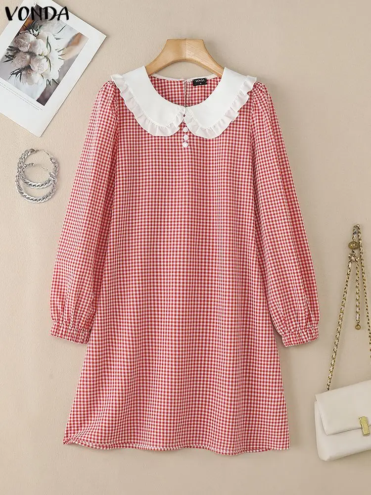 ชุดเดรสสั้นเซ็กซี่แฟชั่นผู้หญิง VONDA ปี 2025 ลายสก็อต สำหรับฤดูใบไม้ร่วงและฤดูใบไม้ผลิ แขนยาว สไตล์ลำลอง คอปกปีเตอร์แพน เหมาะสำหรับงานปาร์ตี้