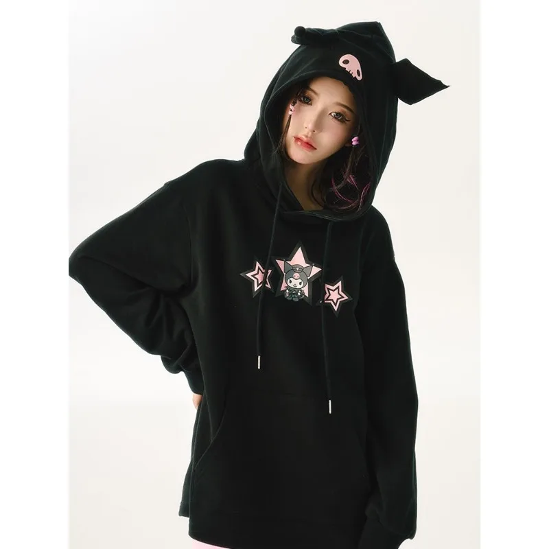 Little devil cute Kuromi printed hooded sweatshirt Sanrio kawaii girly heart autumn casual loose long-sleeved top jacket gift