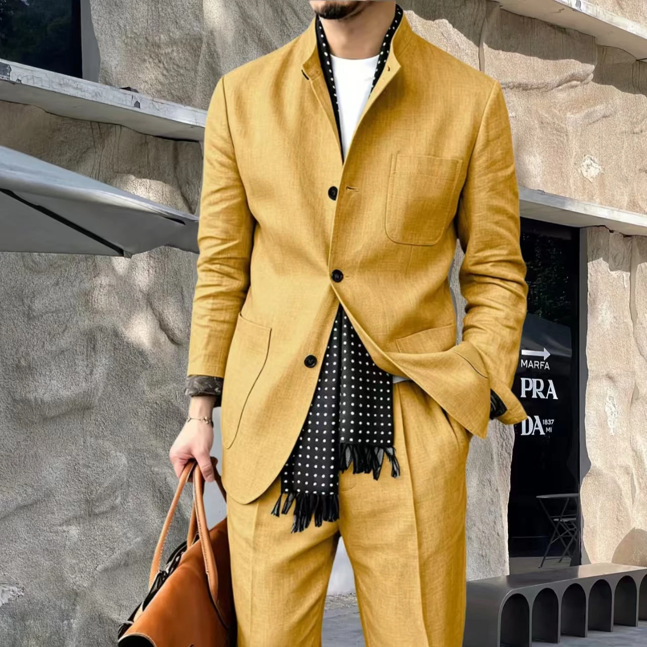 Men's 2-Piece Linen Suit Set Casual Three-Button Blend Blazer And Pants Breathable Stand Collar for Business And Daily Wear Summ