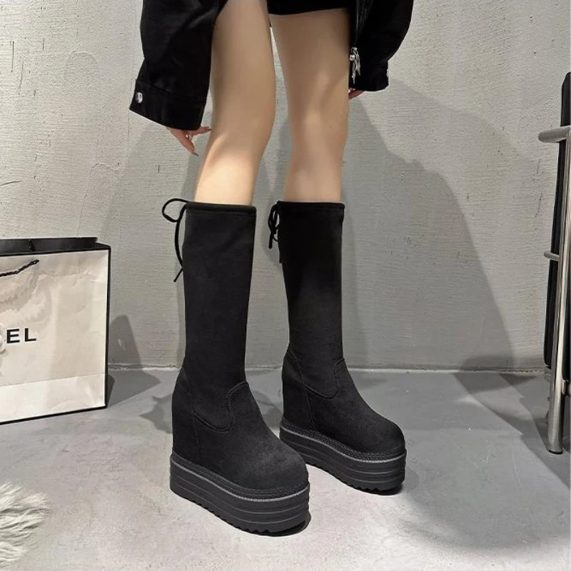 12cm Fashion High Boots for Women Black Platform Wedges Middle Boots Slip-On Suede Long Boots Ladies Shoes Autumn Botas Mujer