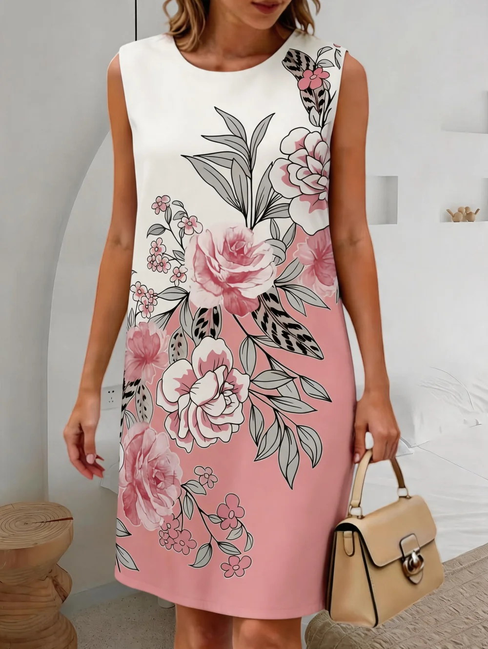 Summer New Women's Casual Fresh Simple Flower Leaves Graphics Sleeveless Dress Knee-Length Dresses Holiday Loose Woman Clothing