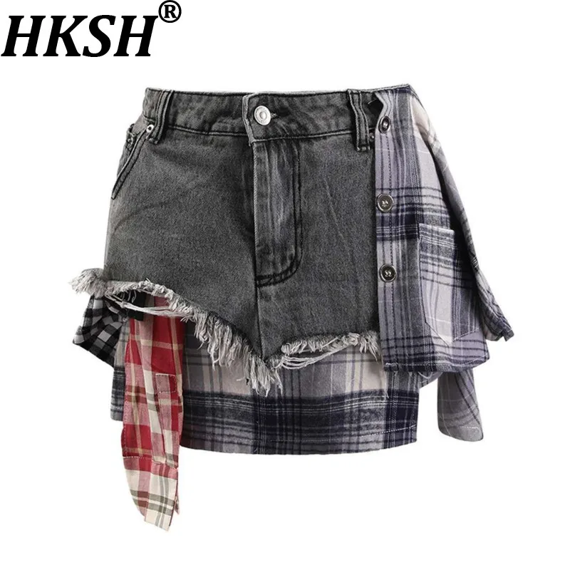 HKSH Women Skirt Tide Fashion Colored Plaid Patchwork Frayed Edge Irregular Deconstructed Design Niche A-Line Denim Skirts H2839