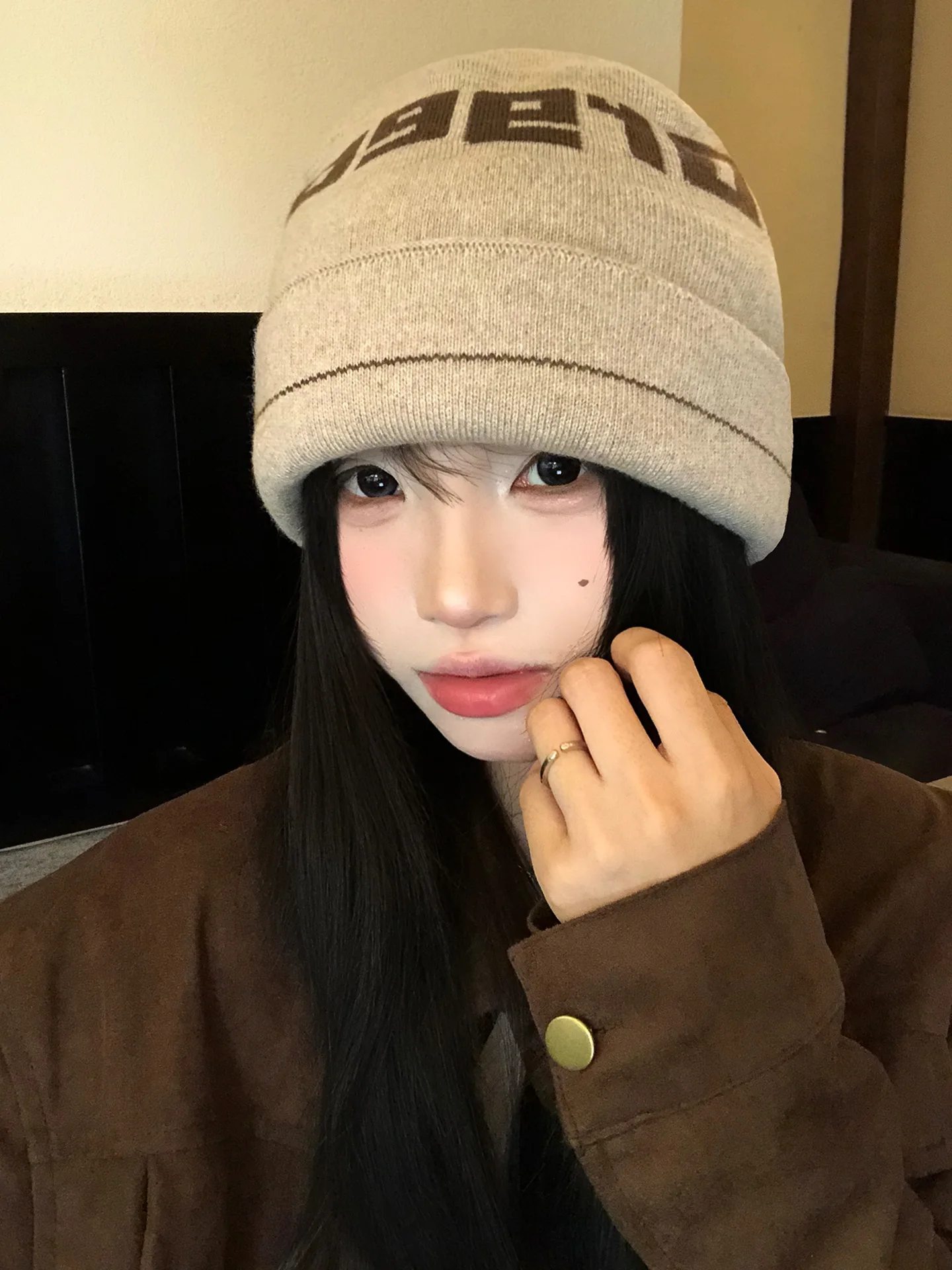 American Retro Letter Knitted Beanie Hat Women's Autumn Winter Mountain Climbing Travel Warm Large Circumference Small Face W...