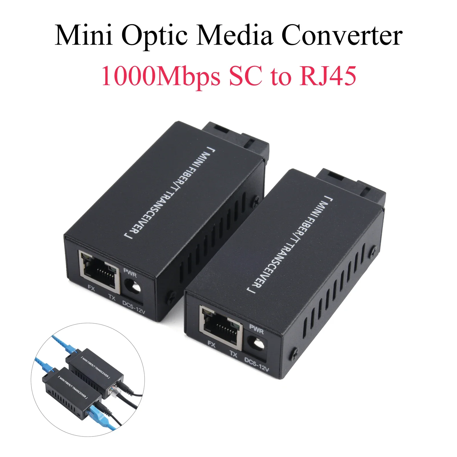 1 Pair Mini Gigabit Fiber Media Converter 100/1000Mbps Fiber Transceiver SC to RJ45 Ethernet Switch 20Km with Power Adapter