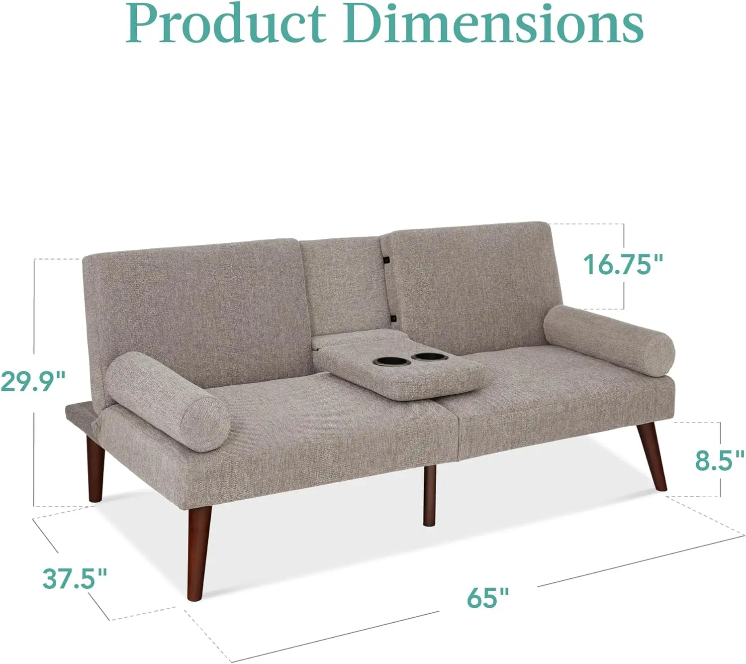 سرير أريكة فوتون حديث منجد ، سرير قابل للتحويل ، أريكة صغيرة مع مساند للذراعين مدورة ، حاملات أكواب 2 ، منتصف القرن