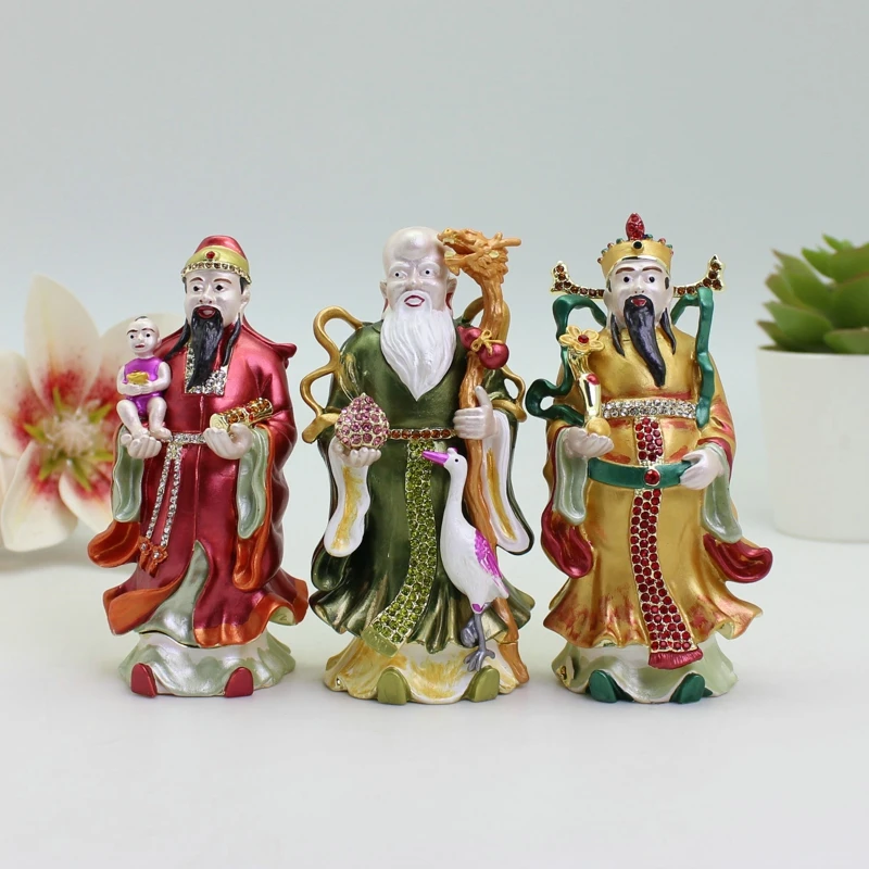 Fuk Luk Sau Three Star Gods Figurines Chinese Blessing Ornaments for Wealth, Luck Handcrafted Metal Decor for Home Office Gift