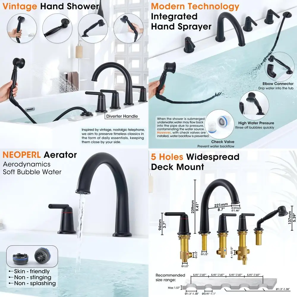

5-Hole Widespread Deck Mount Bathtub Faucet with High Arch Gooseneck and Diverter, Matte Black