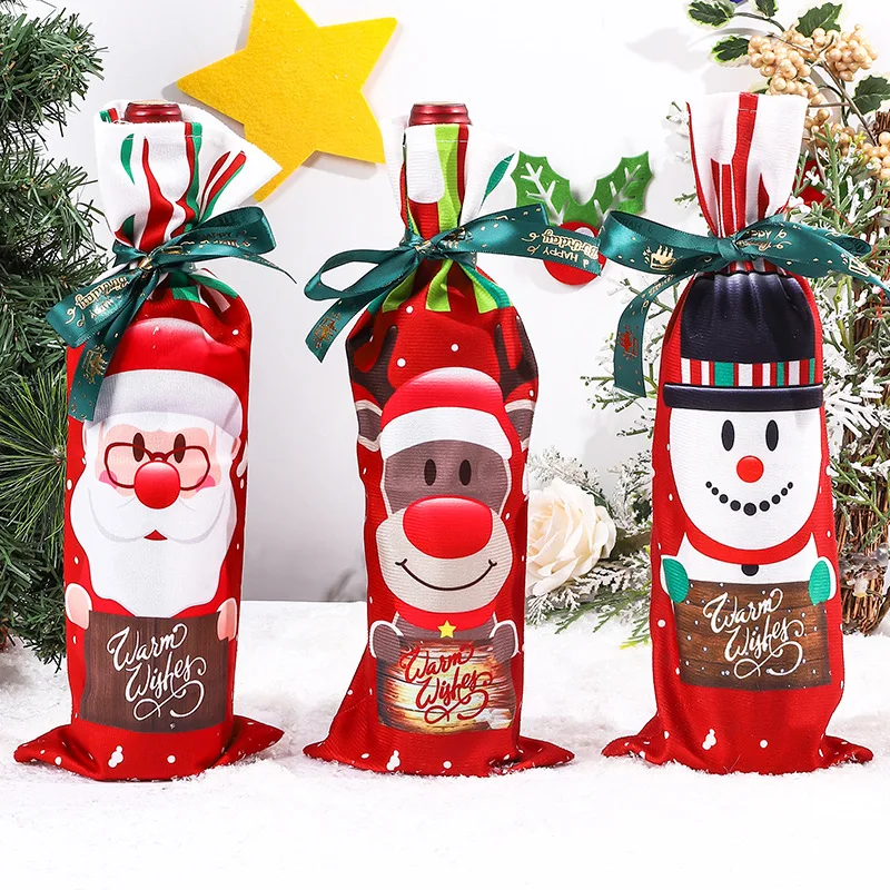 Christmas Wine Bottle Cover Set Santa Snowman Woven Wine Bottle Bags For Christmas Party Dinner Table Decorations New Year Gifts