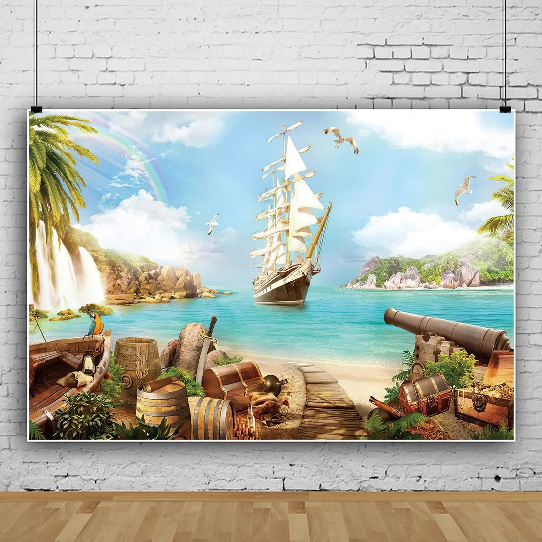 Laeacco Summer Beach Island Pirate Ship Backdrop Ocean Seascape Palm Trees Treasure Kid Birthday Portrait Photography Background