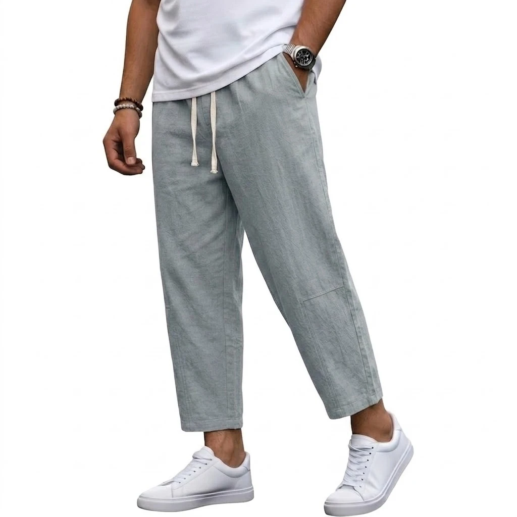 Koreanische Leinenhose für Herren, Baggy Pants für den Sommer, Gym-Hose, Loose Harem Pants, Leichte Sweatpants, Baumwoll-Arbeitshose, Gerade Hose – Detail 10