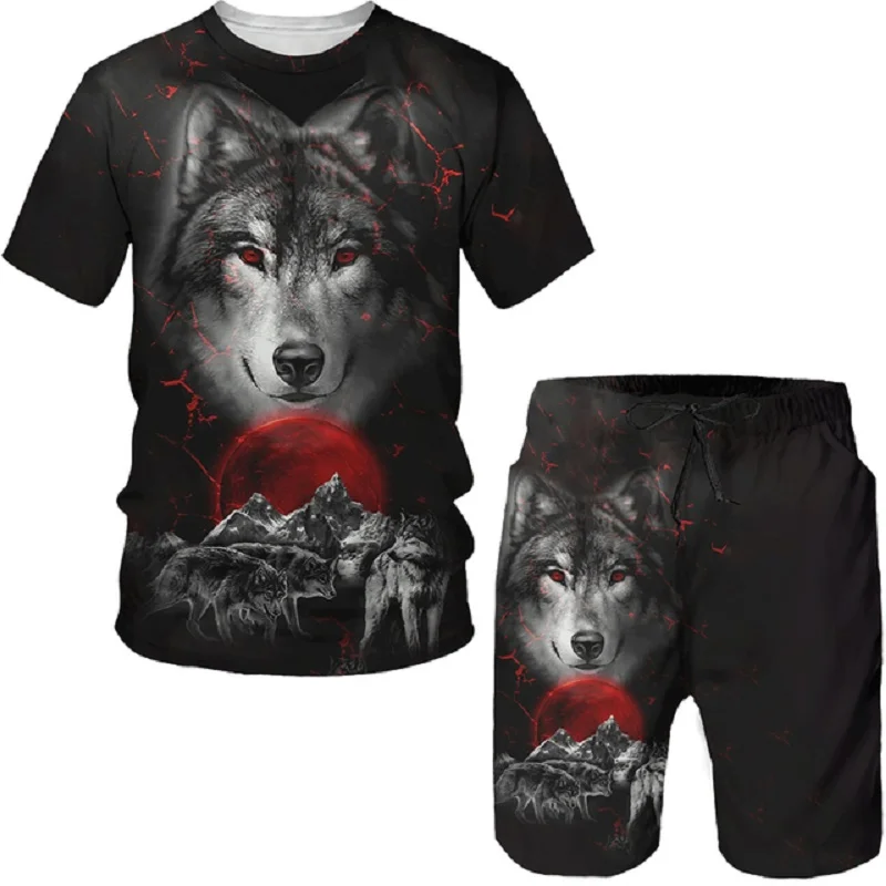 Men T-Shirts Set Animal The Wolf Print Letter Shorts Tracksuit 2 Piece Outfits Summer Oversized Man Clothing Fashion Streetwear