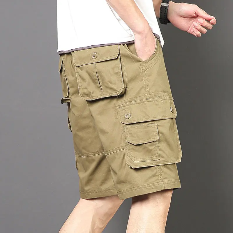 Black Long Men\'s Cargo Shorts Green Over Knee Half Male Bermuda Short Pants Distressed Wide Front Pocket Elastic Waist Homme Y2k