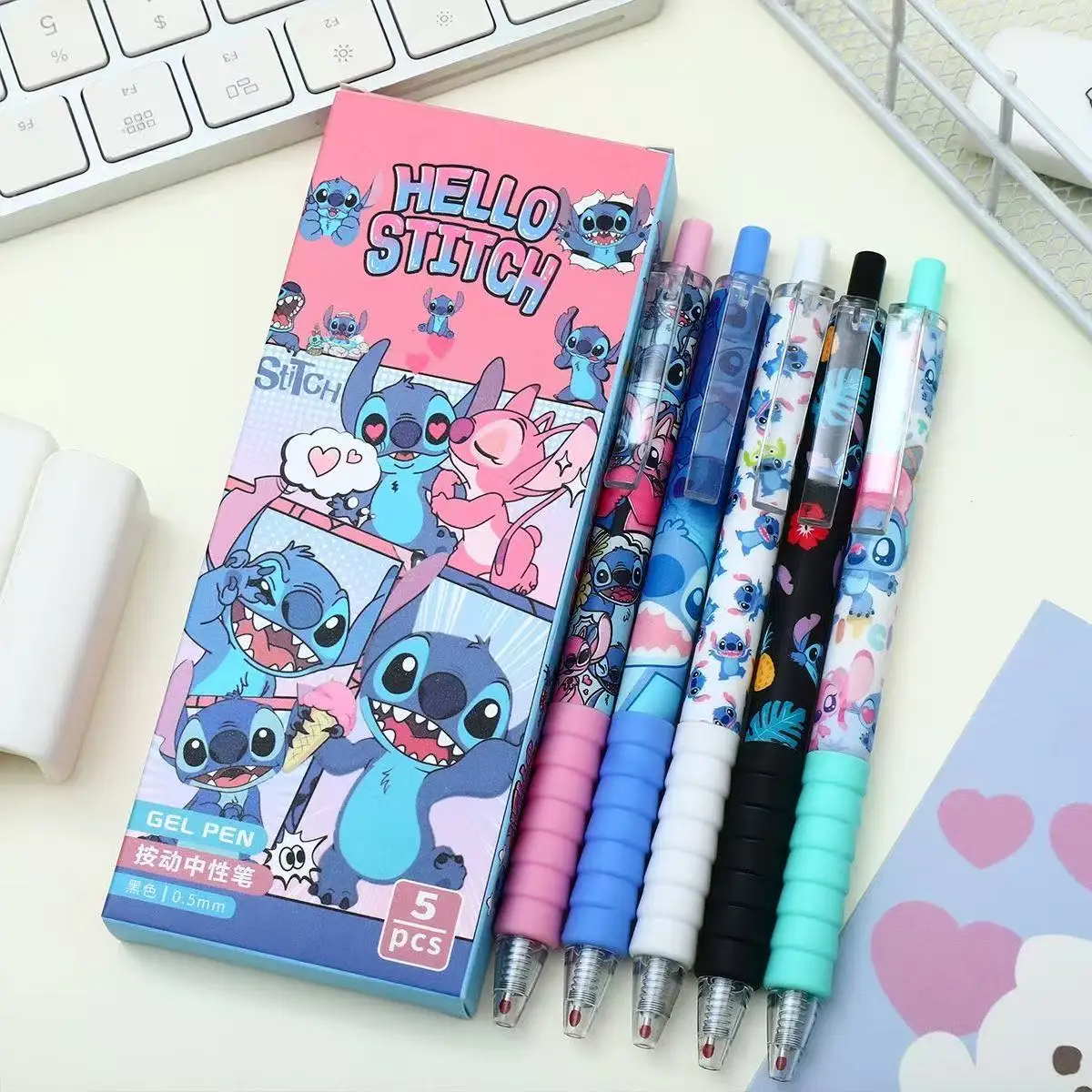 

Disney Stitch Kawaii Press Gel Pens for Writing Cartoon 0.5mm Black Ink Neutral Pen Office School Supplies Gift for Kid 5Pcs/box