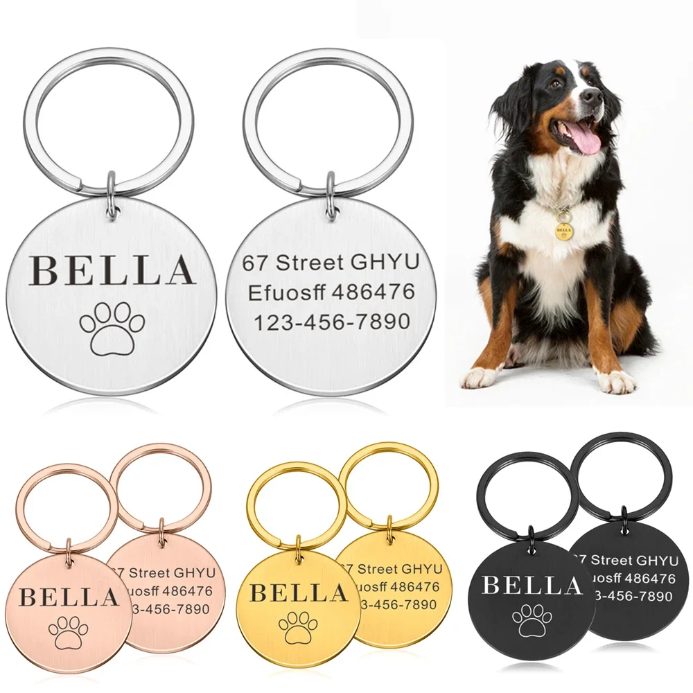 Anti-lost IDTag Stainless Steel Keychians Engraved Tel Address Cat Puppy Personalized Dog Pet Collar Keyrings Pendant Accessory