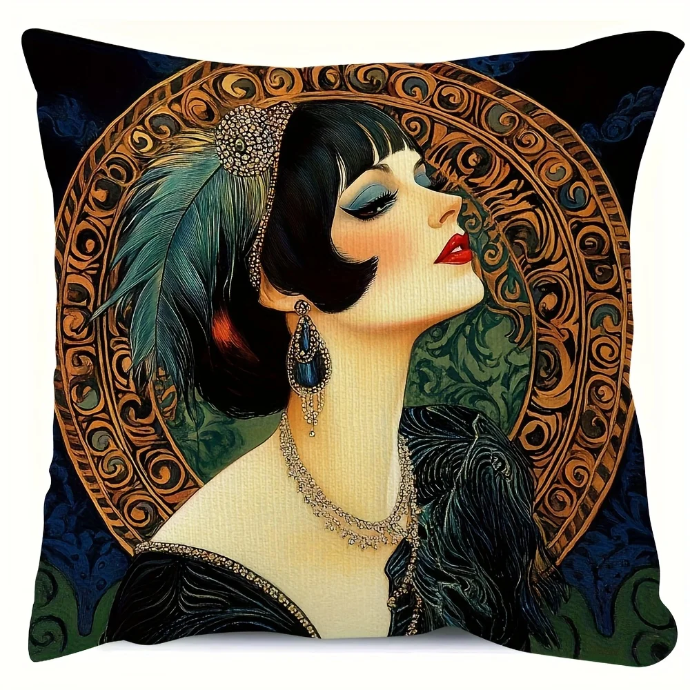 Luxury Art Deco Bohemian Throw Pillow Cushion Cover Case 40x40cm Chic Woman Portrait Decorative Home Decor Canvas Print
