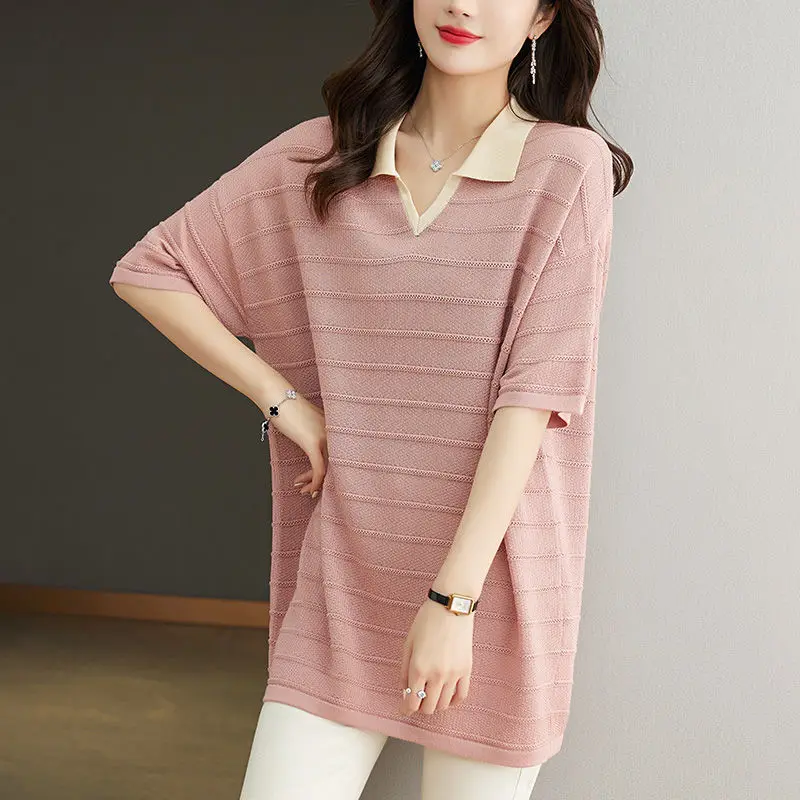 

Female Clothing Contrasting Colors Spliced Pullovers Turn-down Collar Casual Loose Summer Fashion Short Sleeve Knitted T-shirt