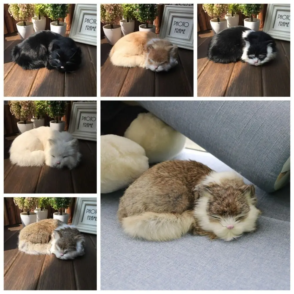 Cute Realistic Simulation Cat Toy Fur Animal Mini Simulation Cat Doll Lifelike Miniatures Plush Sleeping Cats Kids Toys