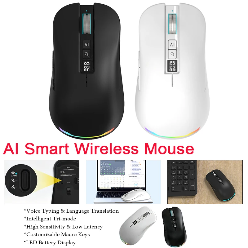 AI Dual-Mode Bluetooth Wireless Mouse with LED Battery Display & RGB Ambient Light Voice Typing & Language Translation for PC