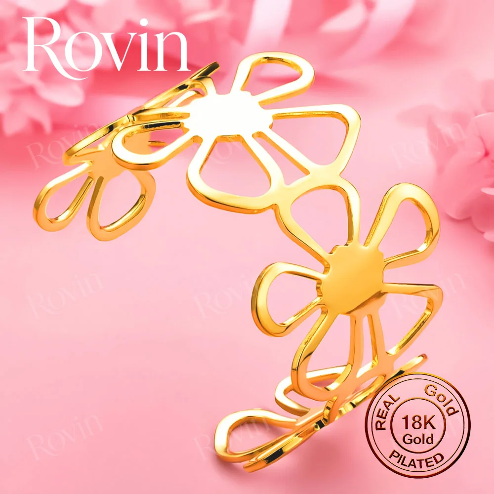 18K Gold Open-Cuff Bracelet with Exquisite Openwork Floral Design – A Stylish, Charming Accessory for Weddings and Parties