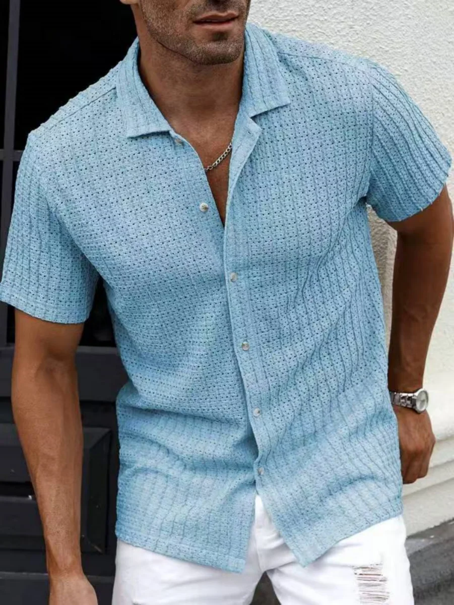 2025 New Style Fashion Open-Weave Breathable Short Sleeve Shirt for Men in Summer, Pure Color Top