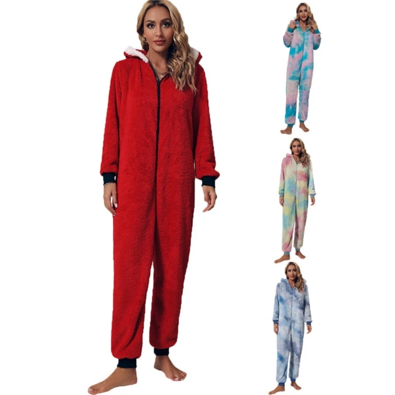 Women Tie Dye Fleece Romper Onesie Pajamas Zipper Up Hooded Jumpsuit Christmas Fuzzy Plush Sleepwear Playsuit Dropship