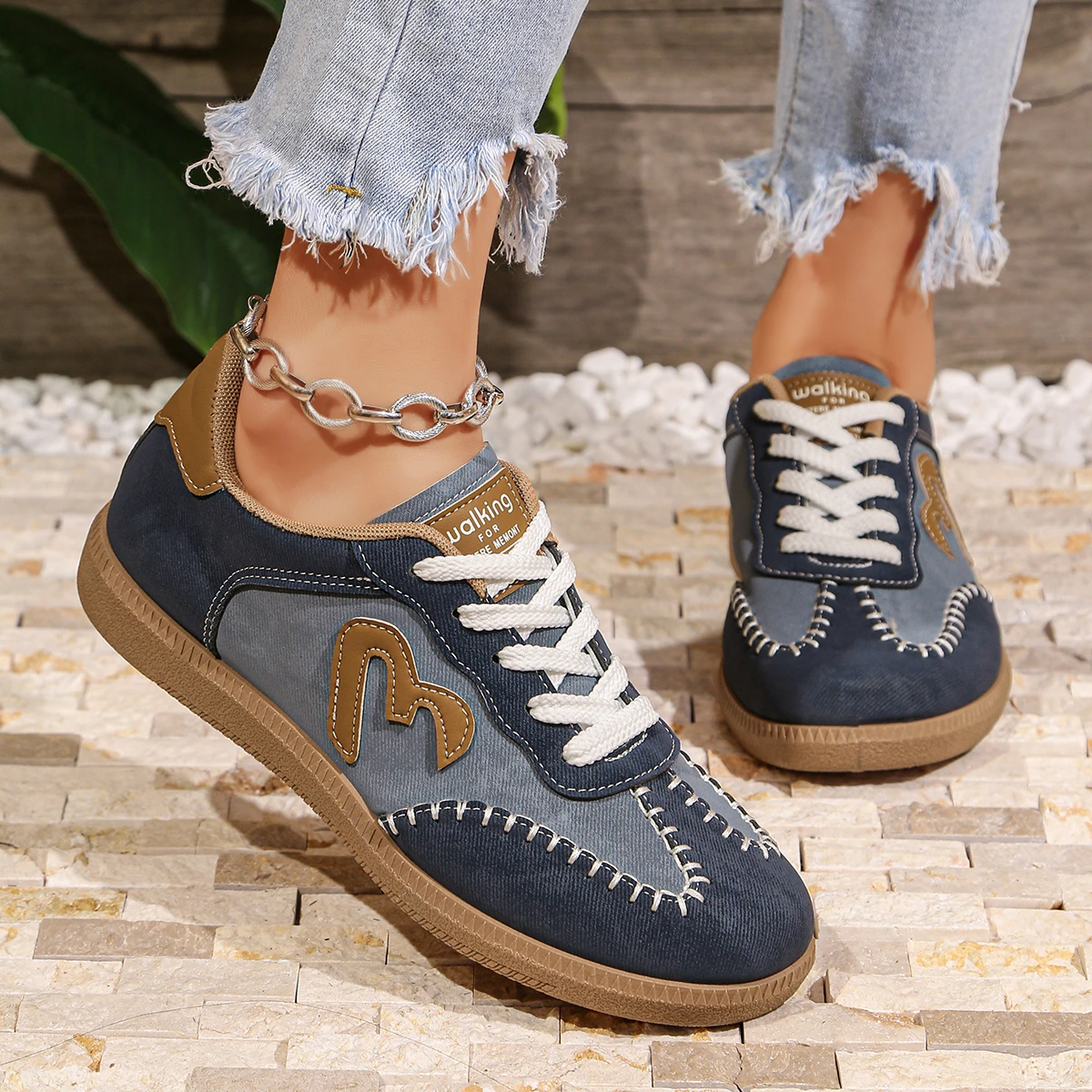 

Женские кроссовки с модной декоративной строчкой, из замши и денима, синие, повседневные, на вулканизированной подошве, с круглым носком, на шнуровке, удобные, на плоской подошве, для женщин