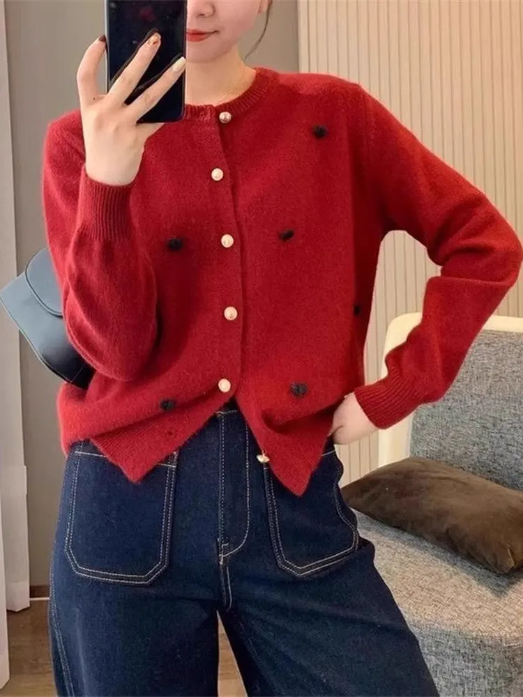 

Korean Style Honey Bear Fleece Knitted Cardigan Women's Fashion Knitwear Jacket Love Heart Embroidery Design Autumn New Arrival