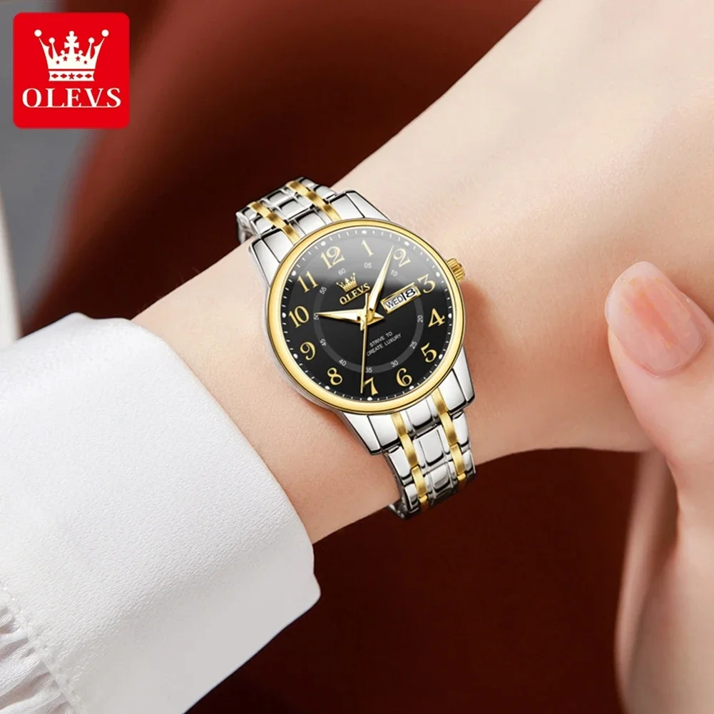 OLEVS 2891 Luxury Quartz Watch For Women Waterproof Luminous Watches Dual Calendar Clock Number Dial Original Women's Wristwatch