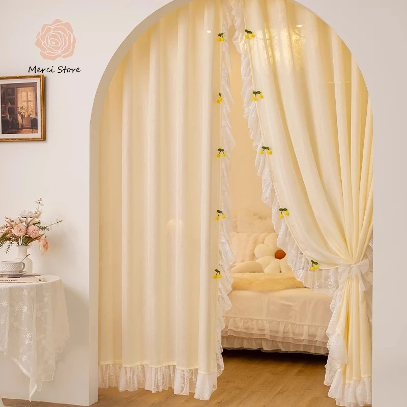 

Curtains for Girls Bedroom French Cream Princess Door Curtain No Punch Rococo Lace Blackout Thermal Insulated Custom Size Ready