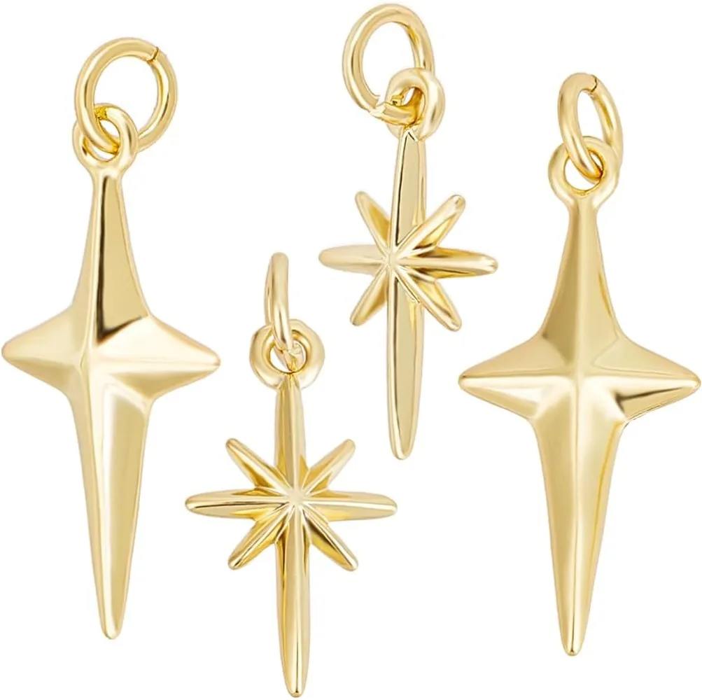 12Pcs 2 Styles 18K Gold Plated Star Charms Pendants Mini Vintage Antique Golden Brass with Jump Rings for Jewelry Making kit