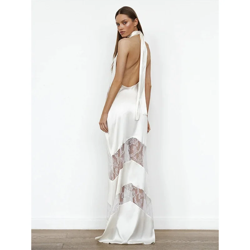 Bonny VคอBackless Maxiชุดลูกไม้Patchwork Halterเซ็กซี่ปาร์ตี้ 2025