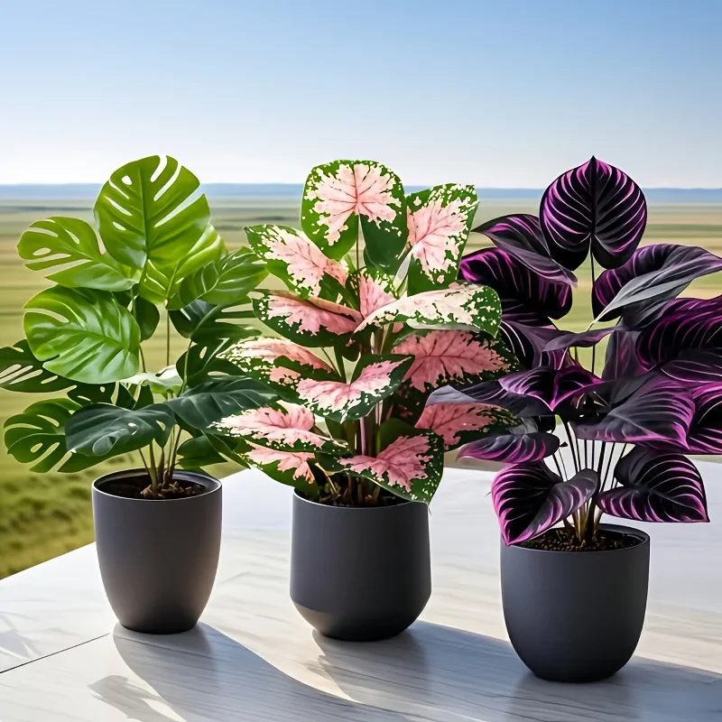 3Pcs Mixed Artificial Plant Set Large Pink Monstera Faux Palm Tree Potted Tropical Plants Plastic Leaves All Season Home Decor view 3