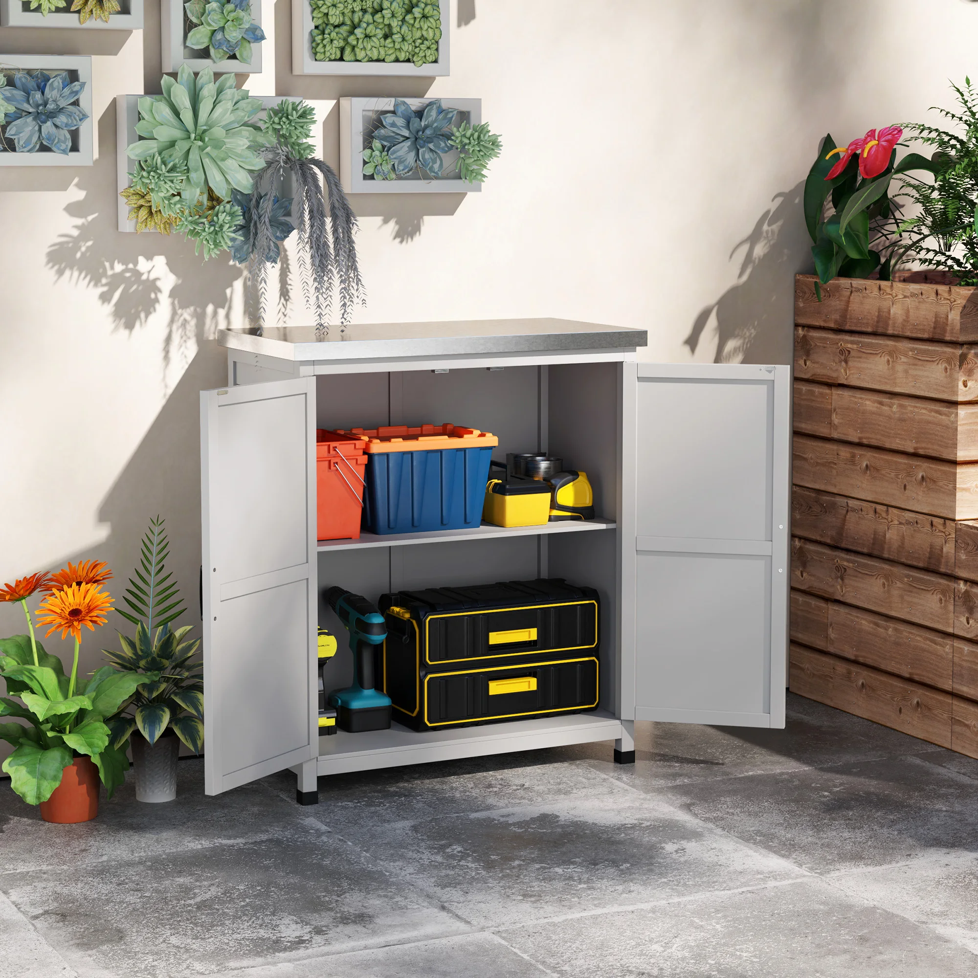 

Outdoor Storage Table, Wooden Tool Shed W/Shelf, Gray
