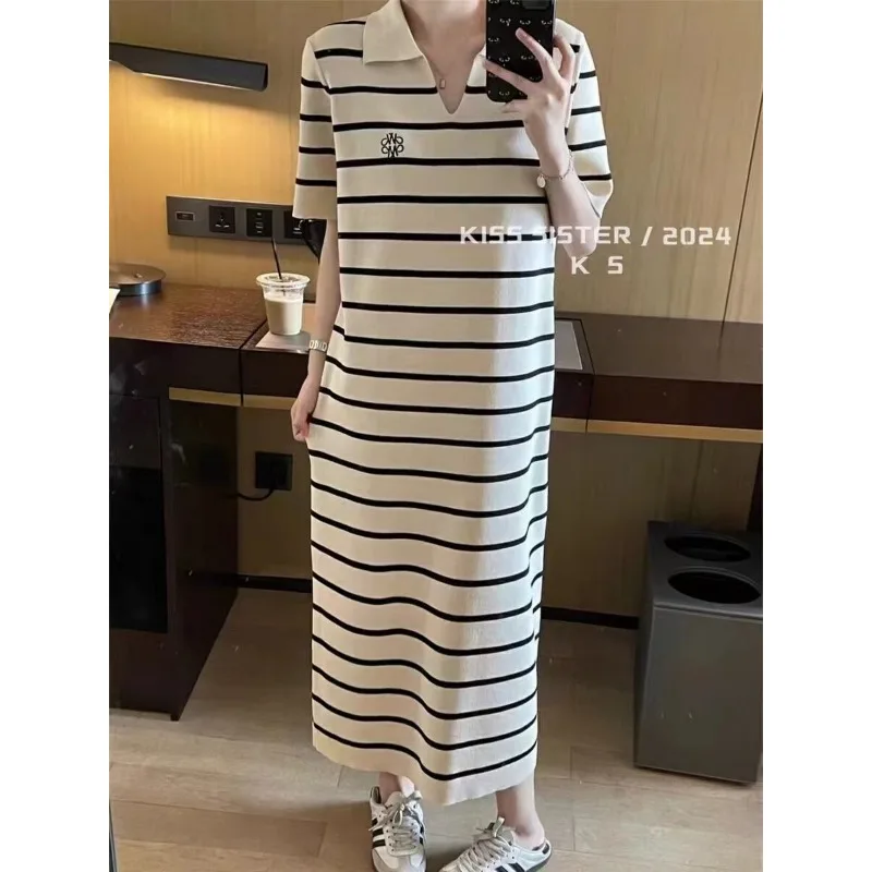 

Summer Loose Casual Short Sleeve Knitted Striped Dresses Women Fashion Chic Embroidery Lapel Pullovers Dress