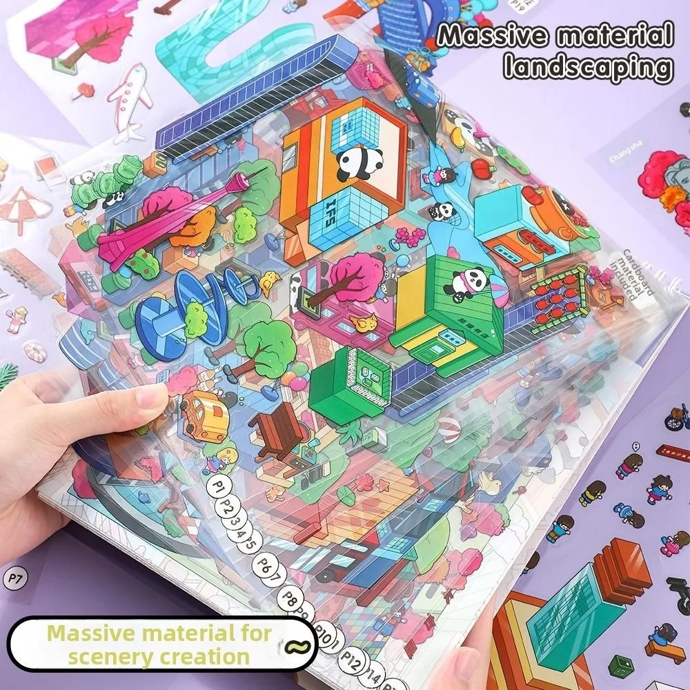 3D City Landscape Sticker Book Large Size 8 Scenes Miniature Scene Collection Stacking Pasting Scene Game Stickers For Adults
