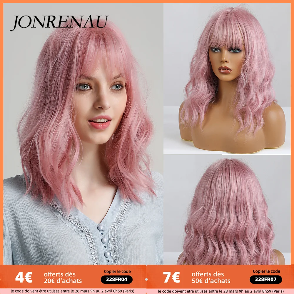 JONRENAU – perruque synthétique bouclée avec frange pour femmes, postiche Bob, mi-longue, ondulée, rose, en Fiber de haute température, pour Cosplay
