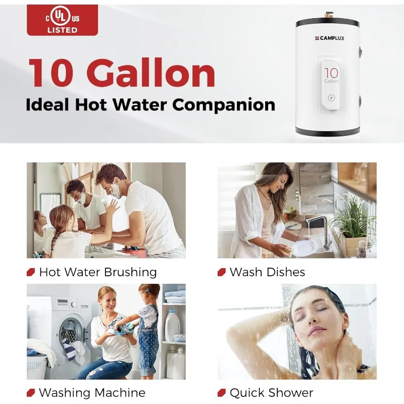 CAMPLUX Electric Hot Water Heater 10 Gallons, Tank Water Heaters Electric 120V 1500W, Easier Using with Adjustable Thermostat