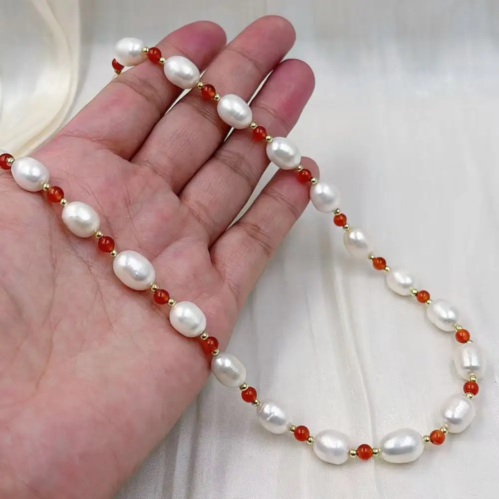 Female Wedding Elegant Jewelry Gift Red Aagte White Rice Natural Freshwater Olivary Pearl Chokers Necklace
