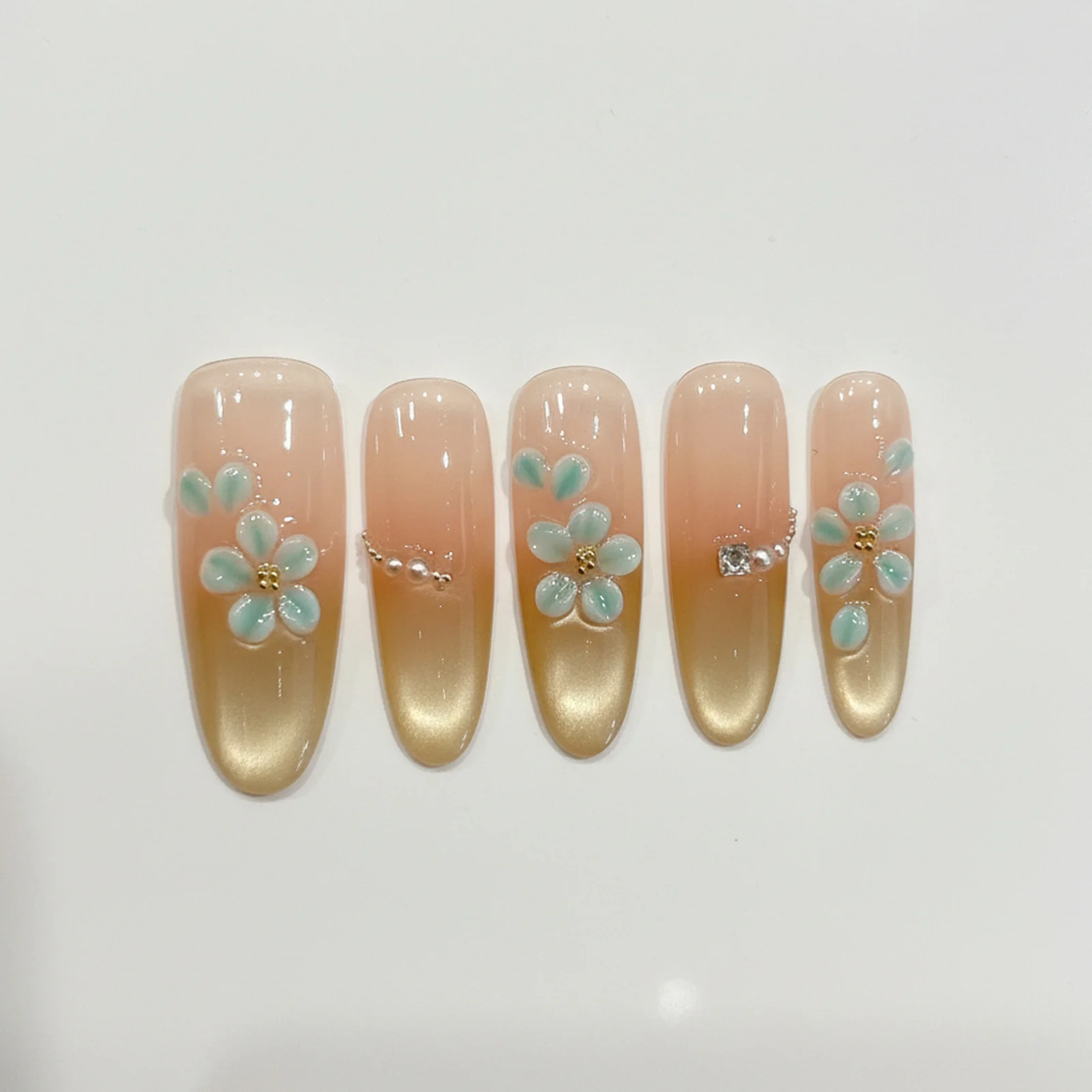 Handmade Fake Nails 10pcs Wearable Artificial Nails Pink Gold Gradient False Nails Green Glaze Flowers Designs Press On Nails