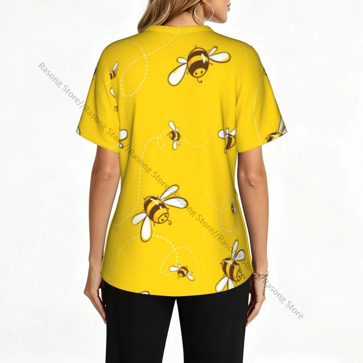 Cute Flying Bees Illustration Scrubs Medical Uniforms Women V Neck Short Sleeve Tunic Scrubs Tops Nursing Surgical Uniforms