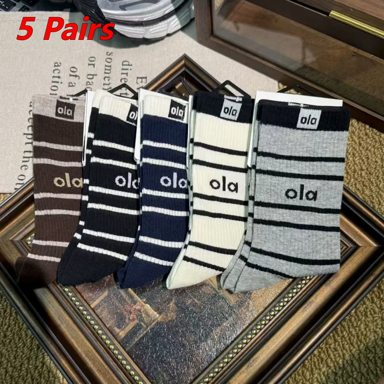 

[5 Pairs] 2025 Y2K Socks for Women – Thick Cotton, Antibacterial, Breathable, Stripe & Knit Letter Design, Designer Style