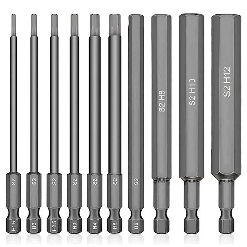 

10pcs H1.5-12 Hex Head Allen Wrench 100mm Magnetic Screwdriver Bit Wrench Socket S2 Steel Metric Hex Key Driver Tool Accessories