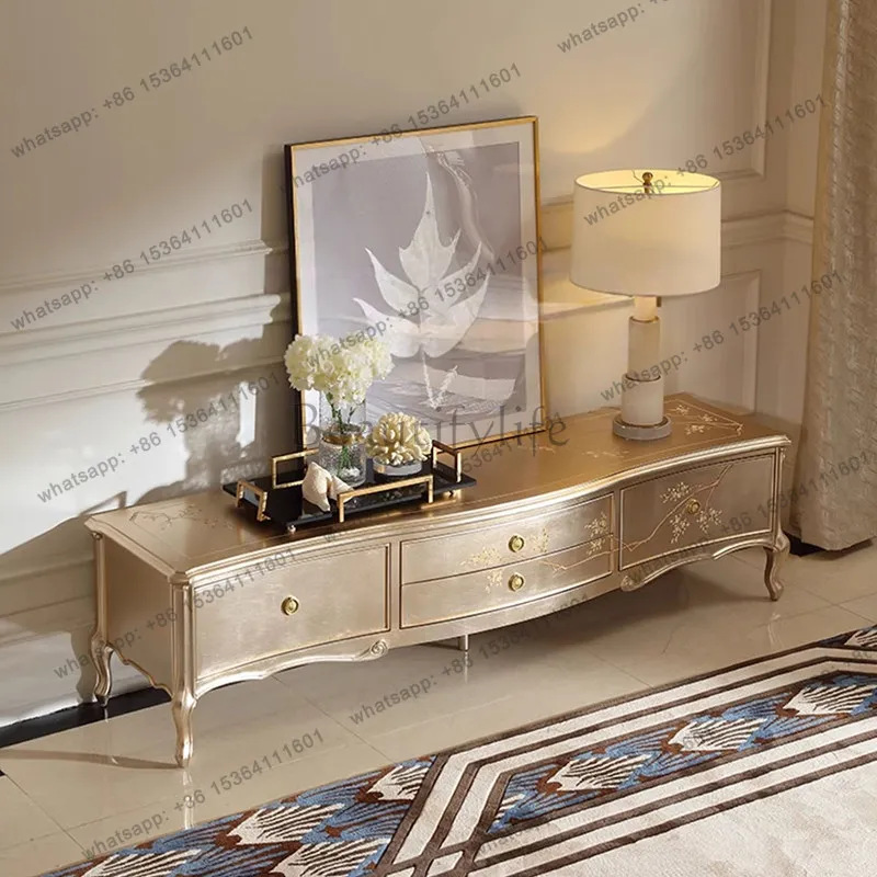 French light luxury solid wood TV cabinet, European palace sticker silver foil hand-painted edge cabinet